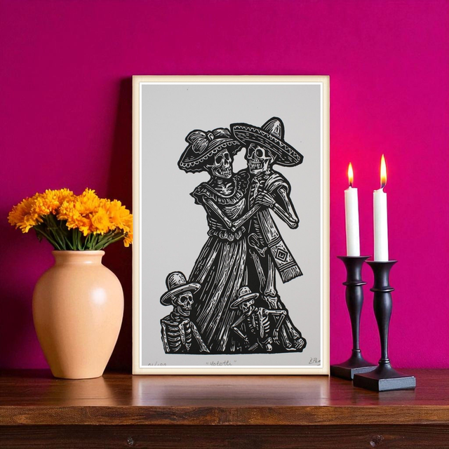 Linogravure couple Catrin-Catrina "Yolotli"