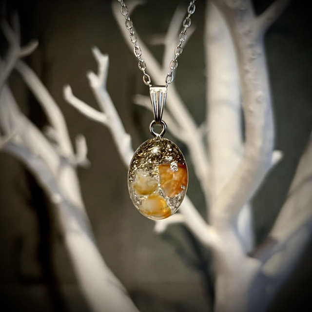 Crystal Energy Oval Pendant with Carnelian/metal shavings (small)