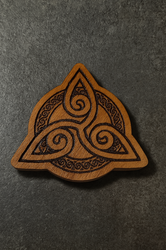 🧲 Magnet en bois gravé – motif triskel - 4 cm 