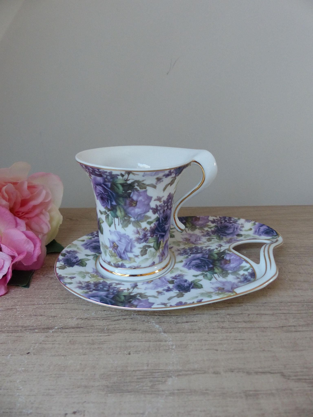 Ensemble petit déjeuner tasse et soucoupe décor fleurs violettes collection Léonardo, Service à thé, cadeau pour maman, fête, anniversaire