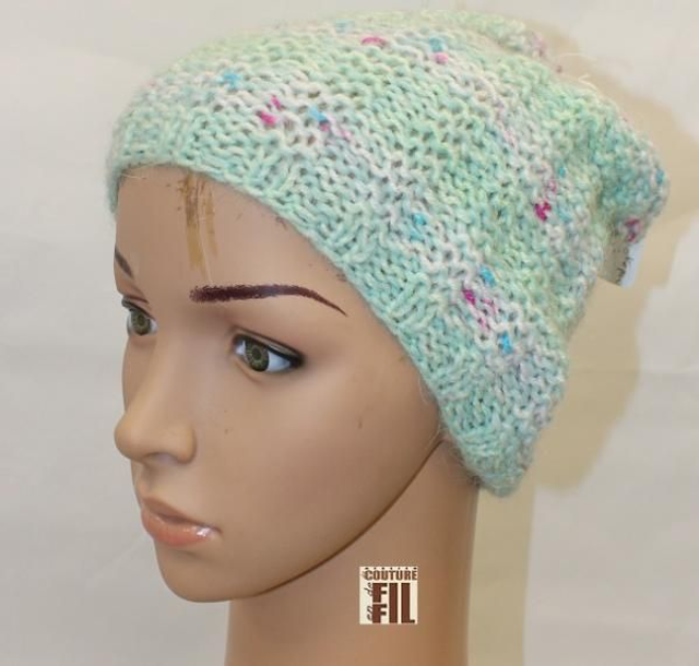 bonnet vert d'eau chiné pointe de rose