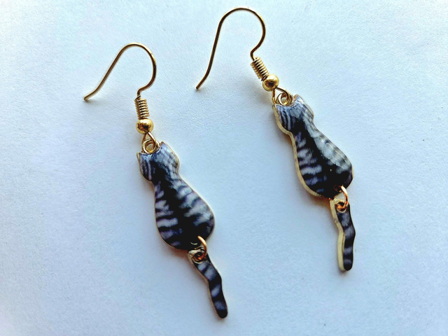 'Silver Tabby Cat' Waggly Tail Earrings Gold Plated (nickel free) 