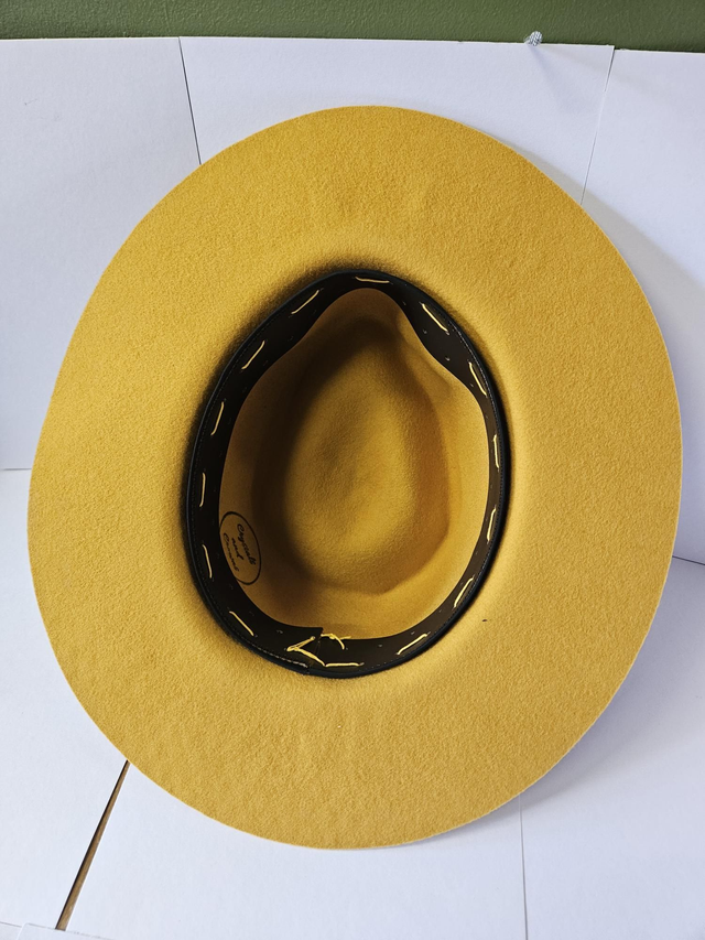 Mustard fedora with burnt pattern detail