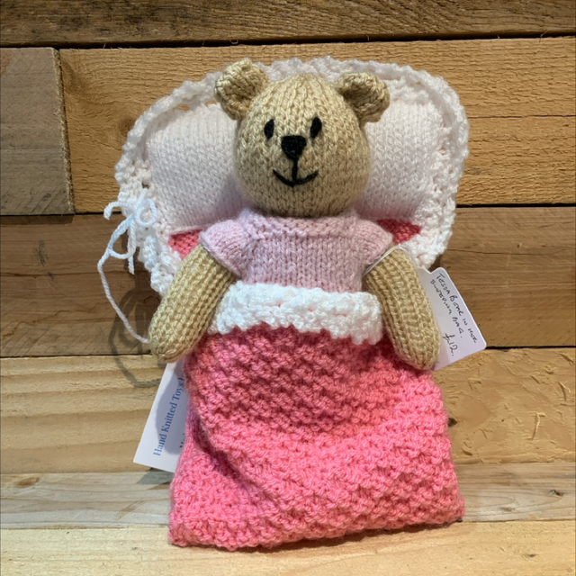 Hand Knitted Tessa Bear in Sleeping Bag 