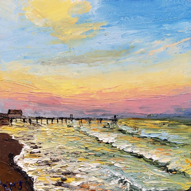 Original handpainted oil palette knife coaster/ also available asprints, cards and printed coaster /sunset ocean art/gift for friend