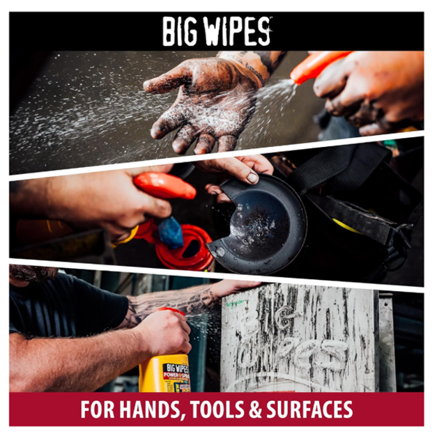 Big Wipes Power Spray 1L, spray de nettoyage spécialisé à action rapide pour les surfaces, les outils et les mains.