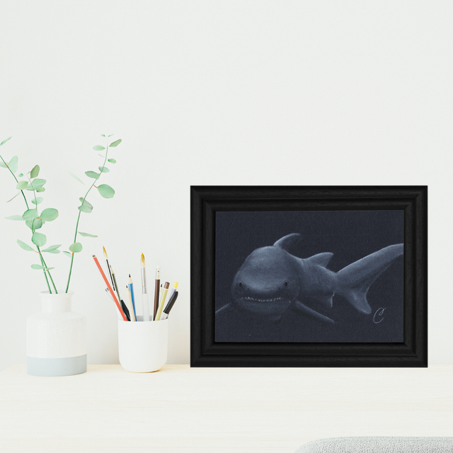 🦈 Aquarelle "Shark in the Dark" – Œuvre Originale et Encadrée