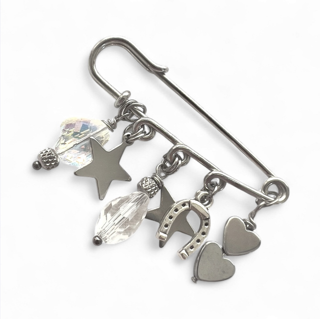 BROCHE tapis de selle argentée et ses 5 CHARMS bonnet 