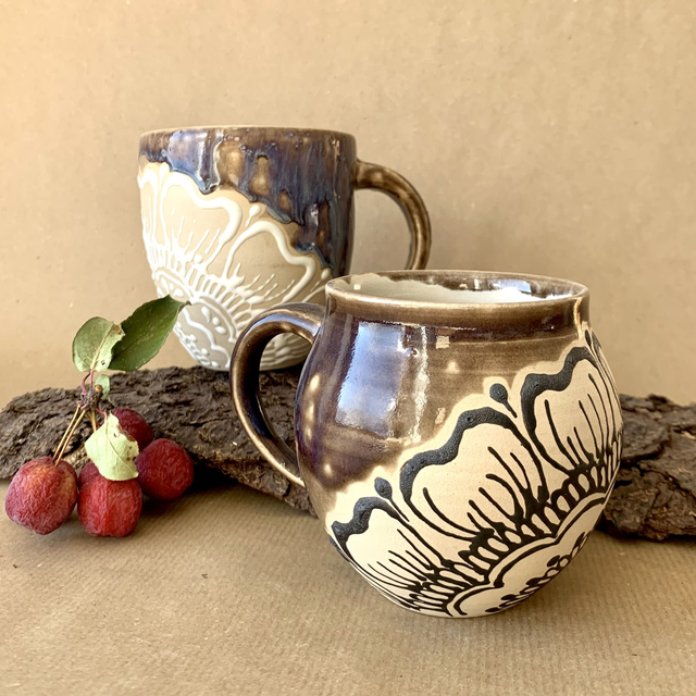 Mother+Daughter Mugs Set, handmade henna pottery, Art Pieces