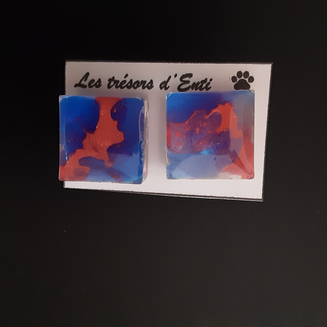 Boucle d&#039;oreille carré motif rose et bleu