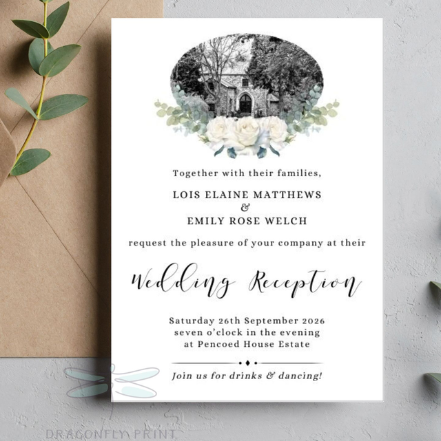 Pencoed House Estate A6 evening invitations - white roses, greenery and eucalyptus design