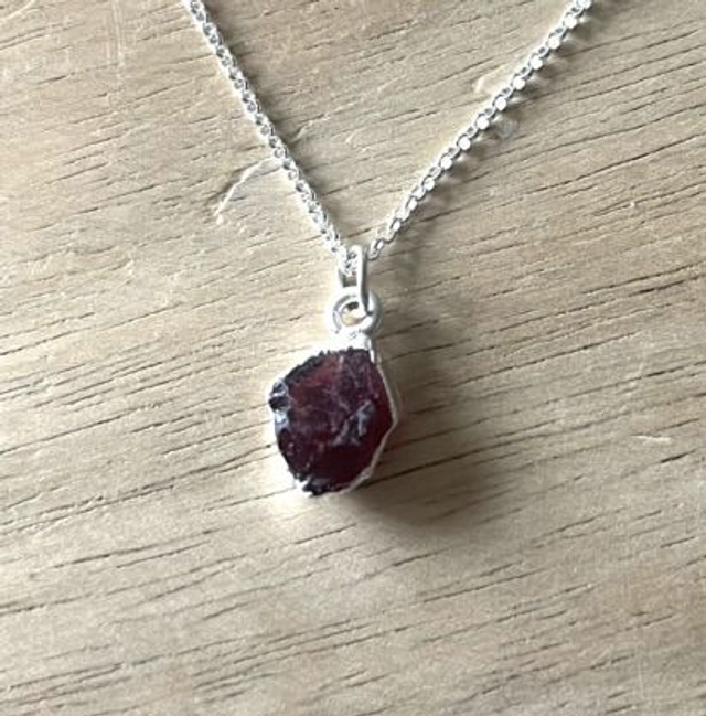 January - Garnet birthstone necklace - raw & wrapped with sterling silver