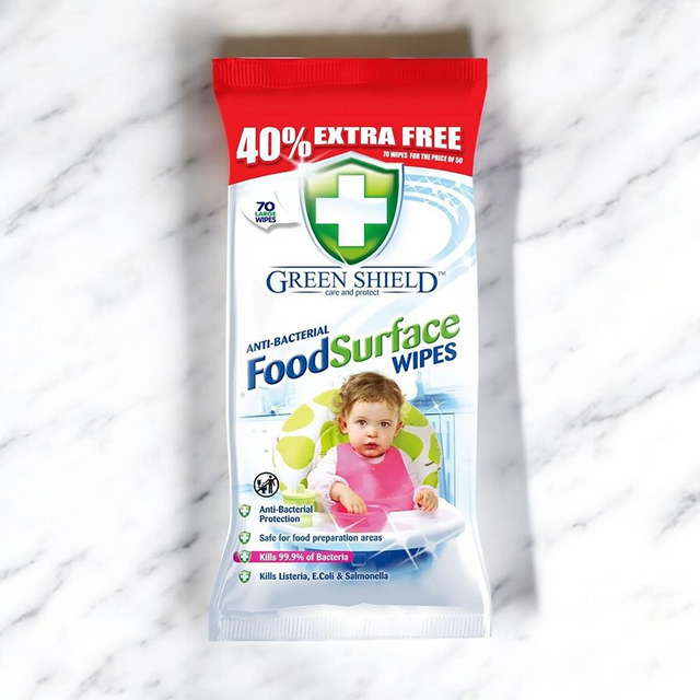 Green Shield Anti-Bacterial Food Surface Wipes - 70 Pack