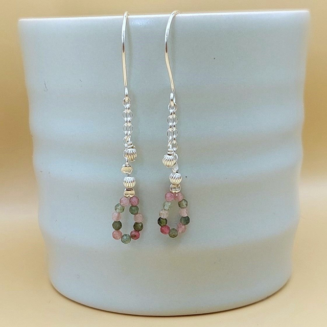 Teardrop sterling silver beaded drop earrings with tourmaline gemstone beads