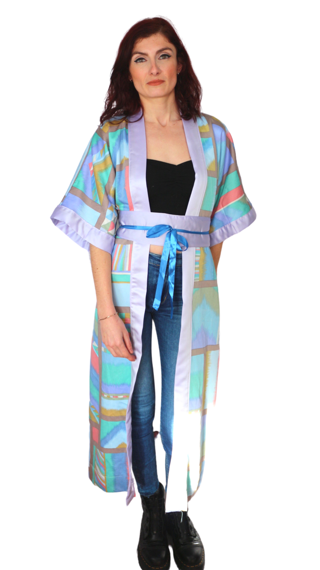 Kimono Long Géométrique avec Ceinture Obi - Taille Unique - Folie Géométrique