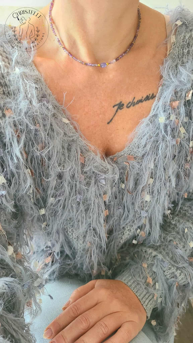 Collier Talisman Améthyste, Pyrite & Tanzanite – Protection et Sérénité