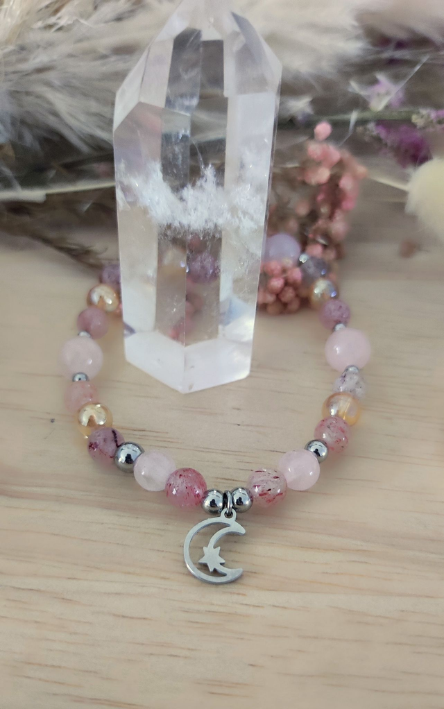 Bracelet "Épanouissement et Joie" Quartz fraise et Quartz rose