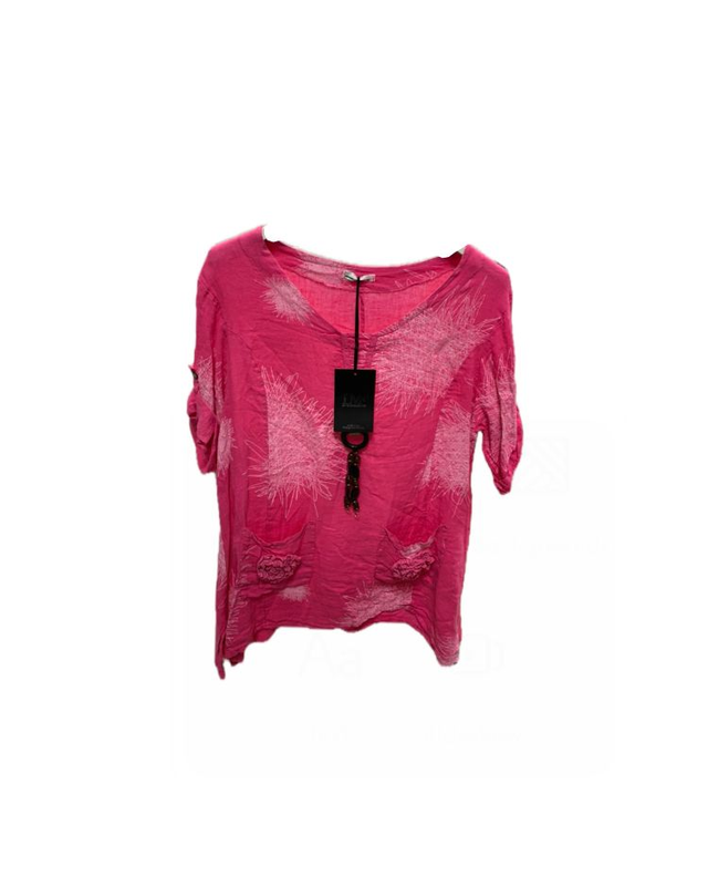 LMF - Pink Oversize Linen Top with Necklace and Pocket Detail - 266