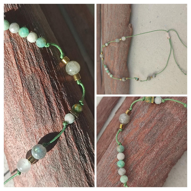 Bracelet amazonite et agate aux jolis reflets ( pierres naturelles) réglable monté sur fil de jade résistant 