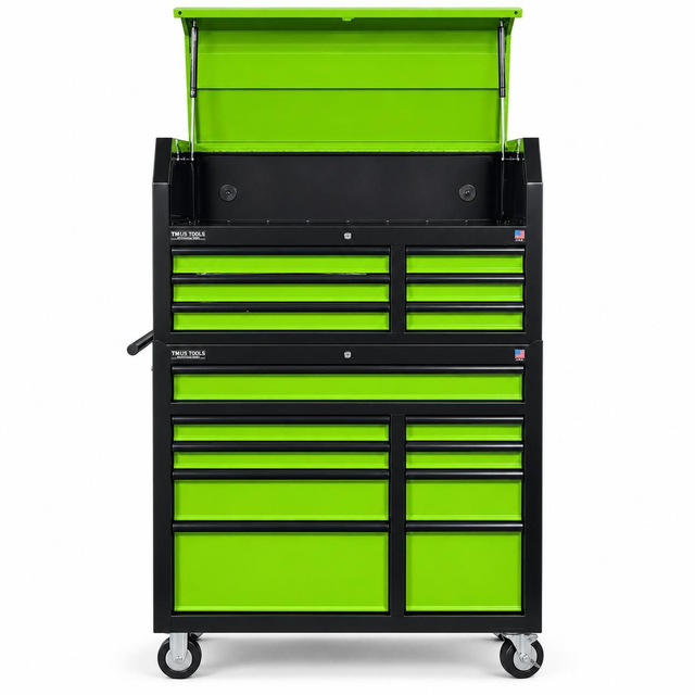 TMUS Tools 15-Drawer Tool Chest &amp; Roller Cabinet – Green &amp; Black | Soft-Close Drawers