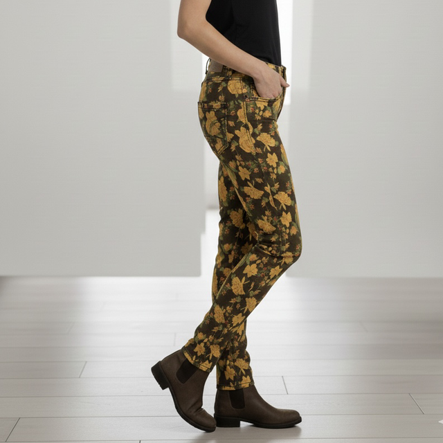 Jean Place du Jour Slim Imprimé Floral Jaune et Moutarde – Pantalon Stretch Femme