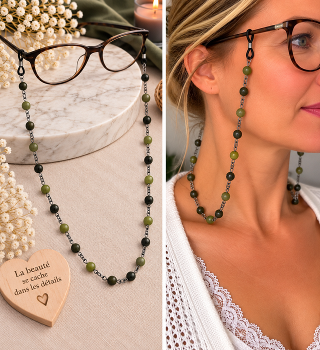 Chaîne de lunettes en acier inoxydable et pierres naturelles