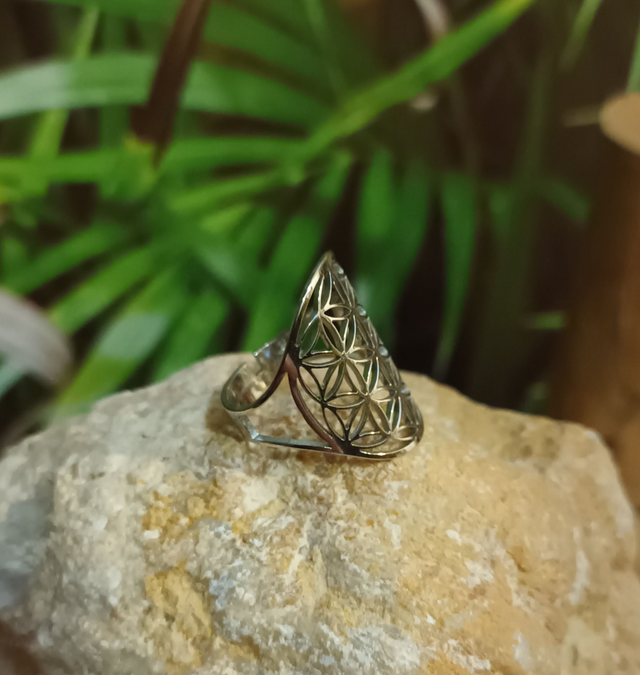 Bague ajustable fleur de vie argent en acier inoxydable
