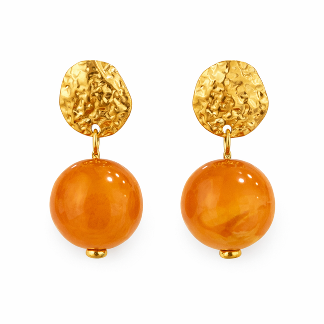 Pendientes acero dorado esfera naranja ámbar 