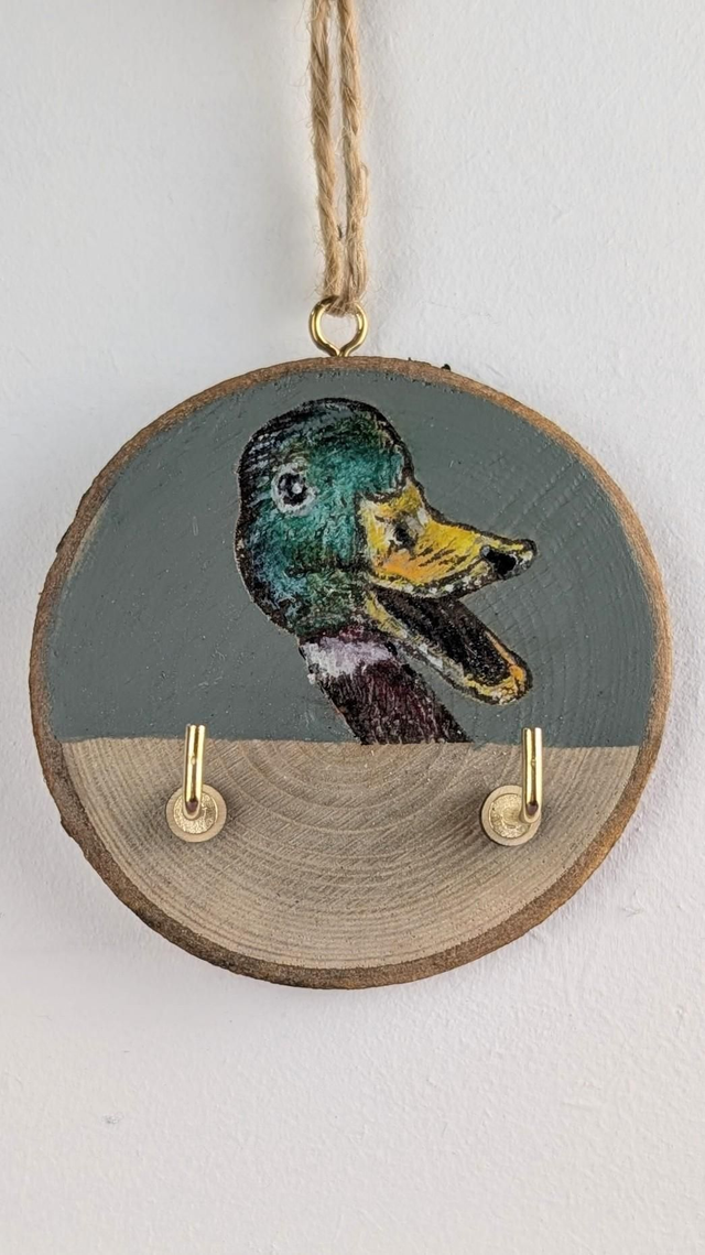 Peeking Duck! - Log slice with hooks