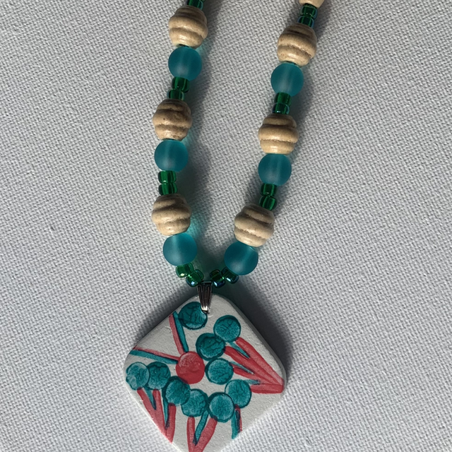 Hand made hand painted air dry clay beaded pendant