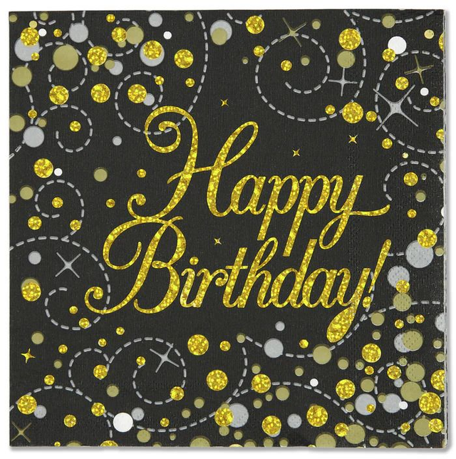 NAPKINS: HAPPY BIRTHDAY SPARKLING FIZZ BLACK &amp; GOLD 33CM X 33CM 3-PLY (16 PER PACK)