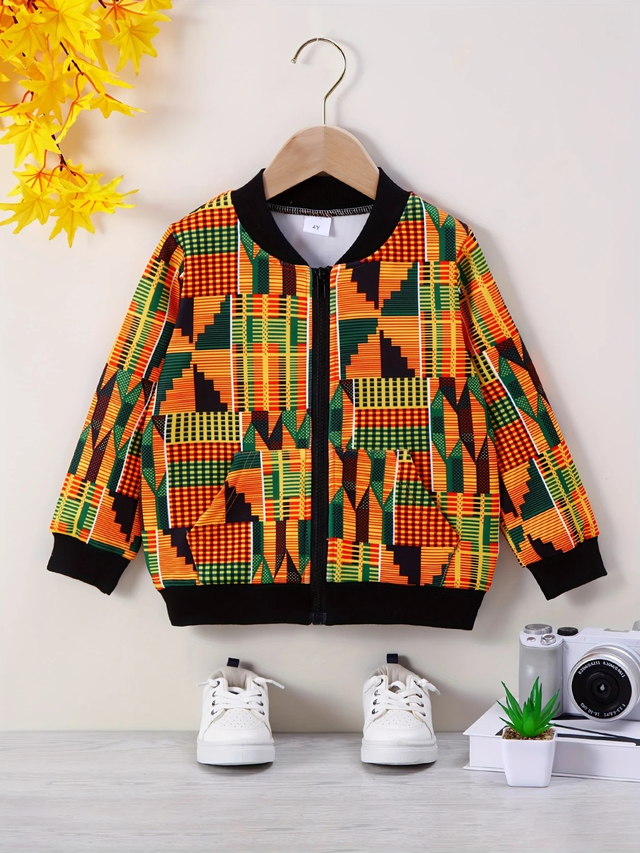 Boys African-Inspired Geometric Pattern Print Zip-up Long Sleeve Baseball Jacket 