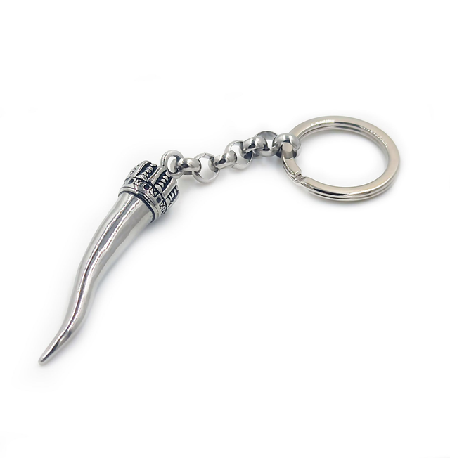 Portachiavi Ciondolo Autentico Corno Napoletano con Corona - Amuleto Scaramantico in Acciaio Brunito, Regalo per Uomo e Donna (Made in Naples)