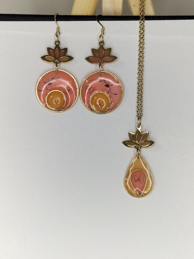 Parure boucles et pendentif pêche abricot 