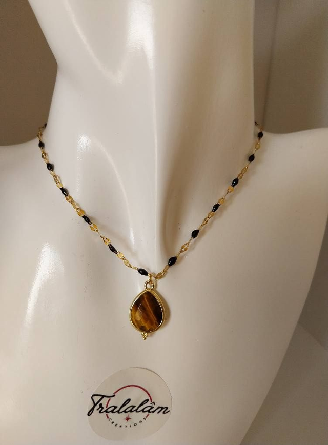 ✨Collier goutte oeil de tigre chaîne petites perles noires émaillées✨