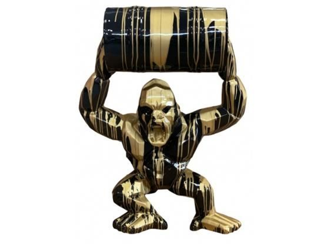 SCULPTURE GORILLE AVEC BIDON NOIR/ OR DESIGN  95 CM