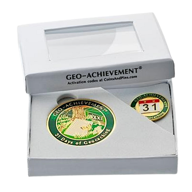 Géocoin "31 jours de découverte consécutifs" + Pin's assorti – Édition spéciale