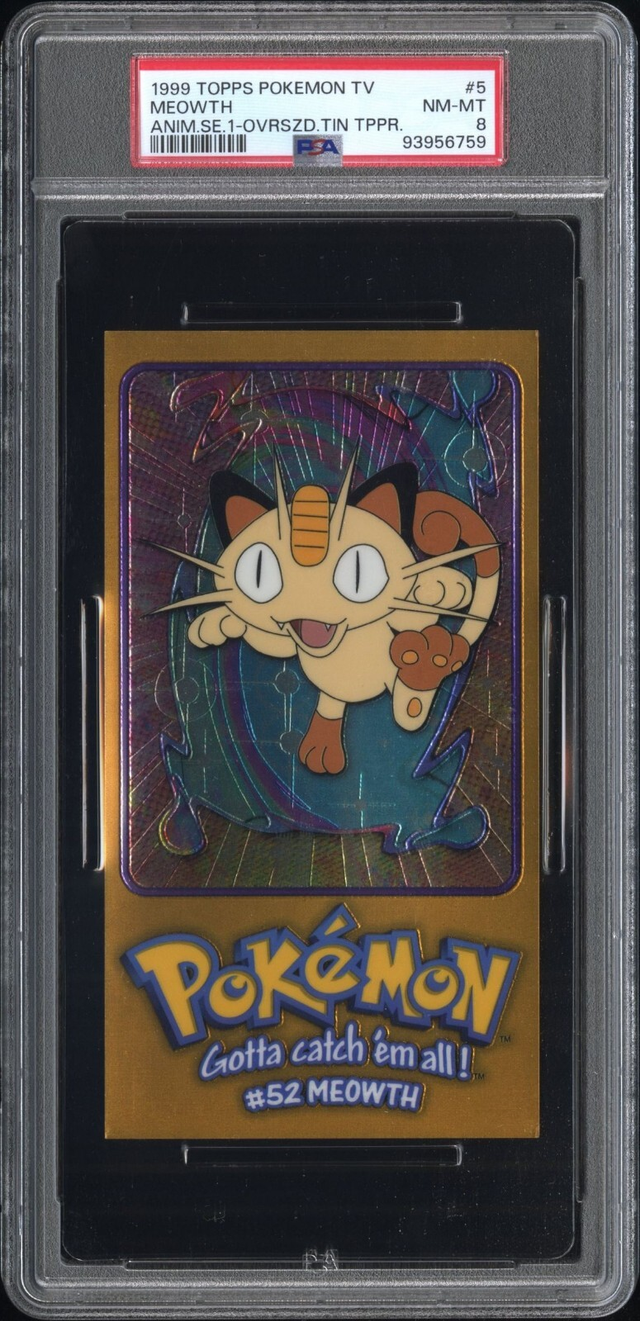 PSA 8 Meowth #5 Topps Pokémon TV Anime Series 1 Oversized Tin Topper