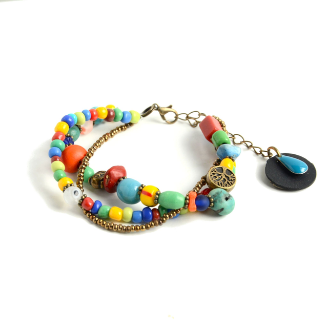 Bracelet éco-responsable Multirangs - PERLES Africaines et GRAINES RECYCLÉES, Chambre à air - Pièce Unique 