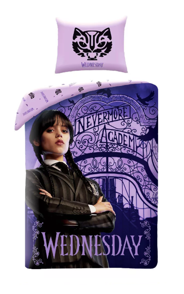 Parure de Lit 100% Coton Mercredi Addams, Housse de Couette Réversible Wednesday 140x200 cm + Taie d&#039;oreiller 70x90 cm Assortie