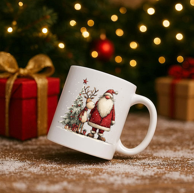 Vintage Santa &amp; Reindeer 11oz Ceramic Printed Mug Design 19