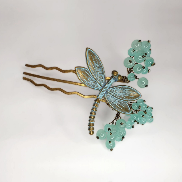 Peineta  Isobel con libélula de metal y racimos de cristal color aguamarina Art Nouveau