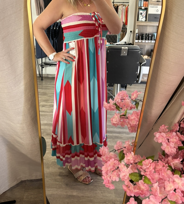 Robe longue bustier rouge bleu rose 