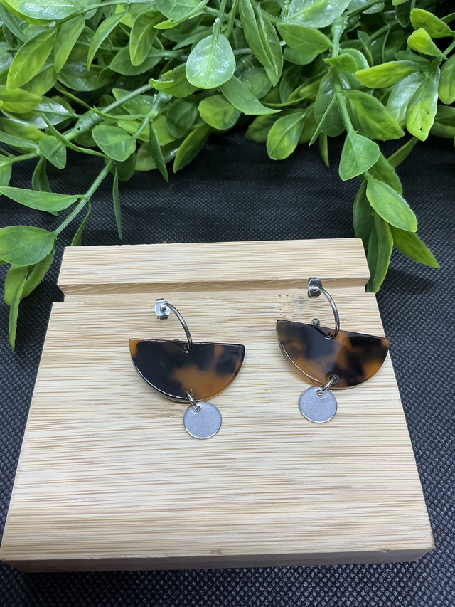 Boucles d'Oreilles Pendants Demi-Lune Écaille de Tortue &amp; Disque Acier inoxydable 