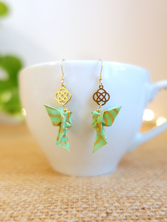 Origami Colombe, oiseau / GOLD FILLED, Or laminé / Boucles d'oreilles / Papier japonais washi / Vert, or / Bijou japonais origami /