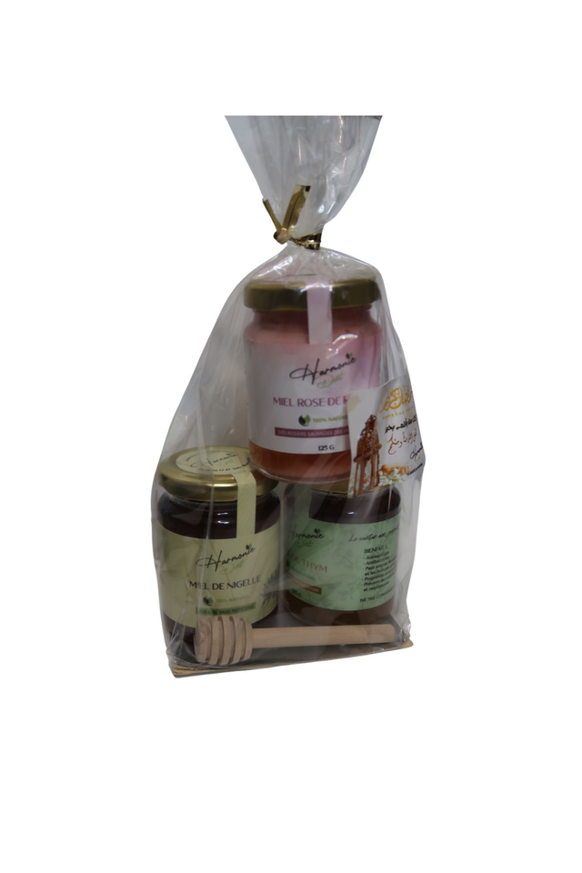 Coffret petits Miels ( Assortiment 3 miel + cuillère en bois ) 