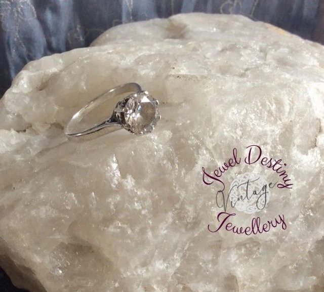 Vintage Solitaire Ring with a Clear Gemstone Crown Setting in Sterling Silver Size M 1/2