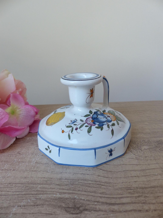 Bougeoir en faïence d'art de Malicorne signé Emile Tessier, Porte bougie peint main décoration floral pour la maison, décoration française