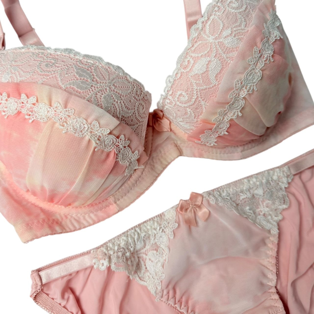 Peachy Pink tulle Japanese Bra + Underwear Set UK 34DD