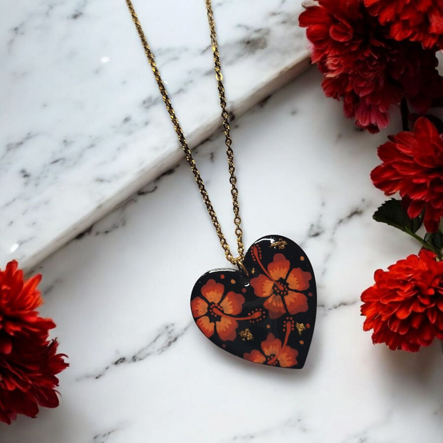 Collier dessiné Flora acier inoxydable orange